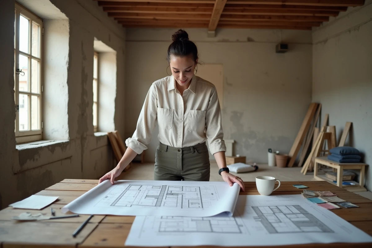 Architecte d'intérieur étudiant des plans de rénovation dans un appartement alsacien de Strasbourg avec poutres apparentes et matériaux naturels