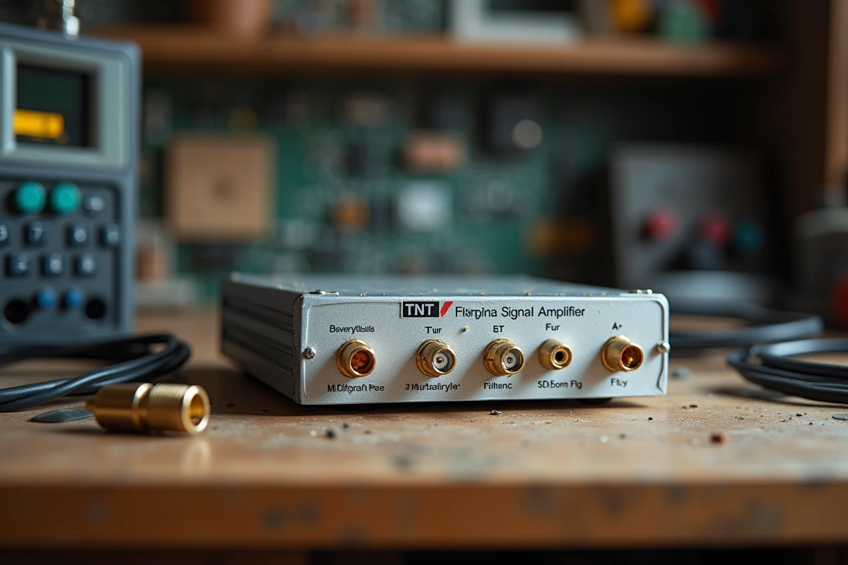 Amplificateur TNT avec connecteurs coaxiaux et filtre 4G posé sur un établi d'atelier électronique
