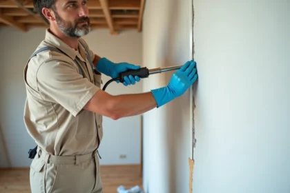 Artisan appliquant un joint acrylique blanc entre mur et plafond avec un pistolet à cartouche lors d'une rénovation intérieure