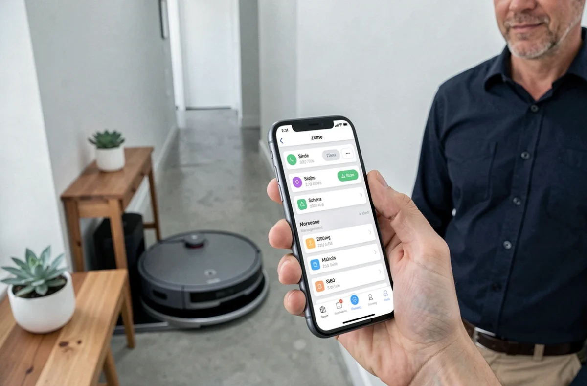 Homme utilisant une application smartphone pour programmer un robot aspirateur connecté dans un couloir moderne