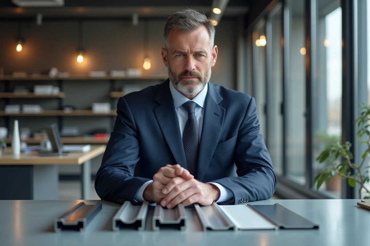 Architecte en costume navy examine profils aluminium RAL 9006