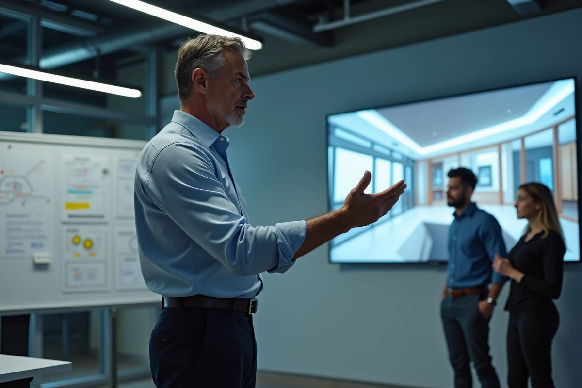 Architecte en réunion avec collègues et écran numérique