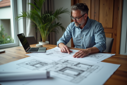Architecte homme examinant des plans de construction détaillés