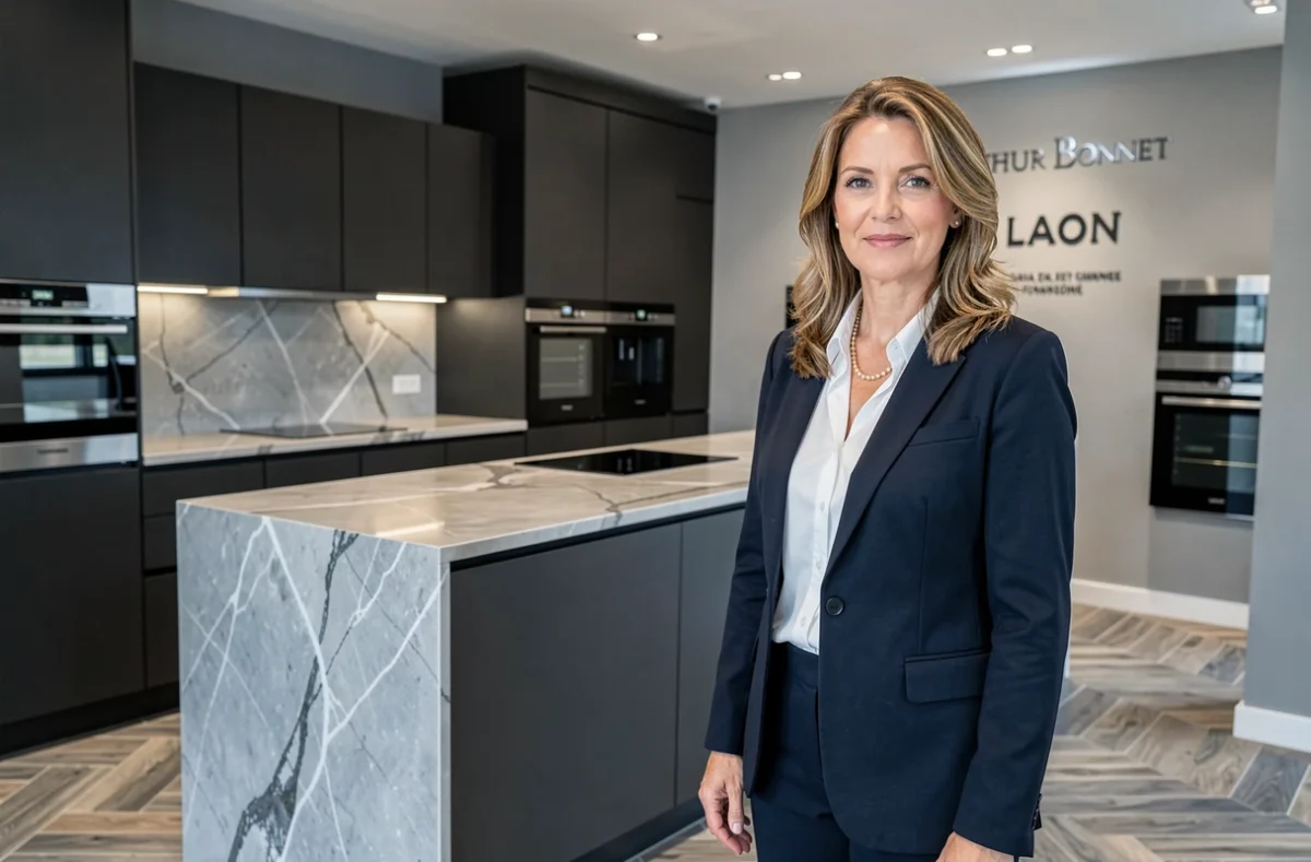 Conseillère d'Arthur Bonnet Laon devant un modèle de cuisine haut de gamme aux façades noires sans poignées dans le showroom de Laon