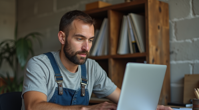 Artisan homme concentré à son bureau dans un atelier