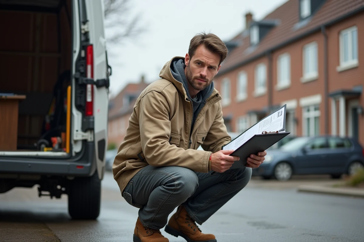 Un artisan examinant un devis de chantier sur un clipboard devant une maison belge en brique