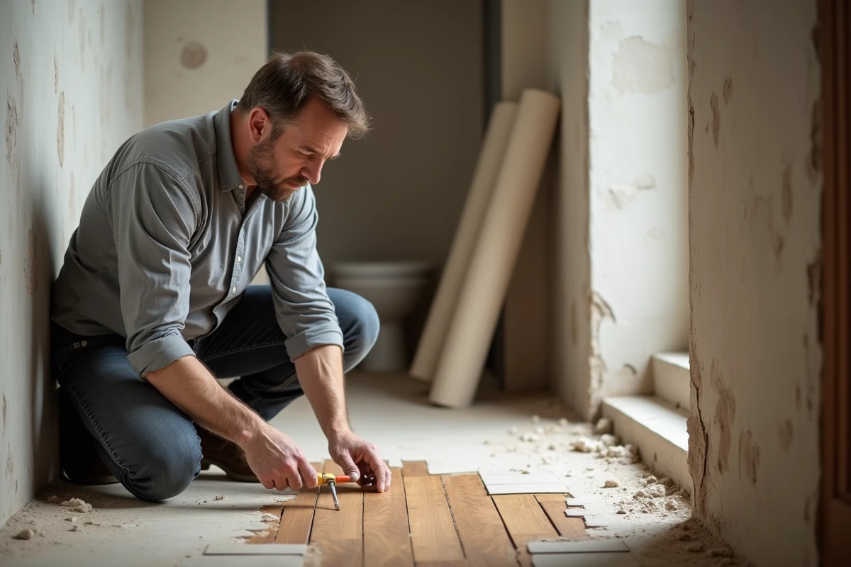 Artisan inspectant un parquet abîmé par l'humidité devant une salle de bains en travaux