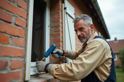 Artisan appliquant de la mousse expansive autour d'une menuiserie extérieure en bois sur une façade en brique, illustrant une technique de calfeutrage déconseillée