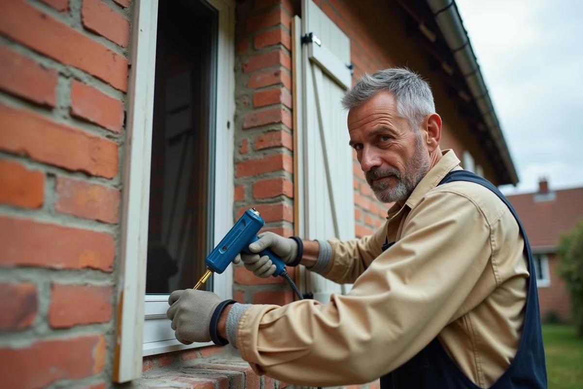 Artisan appliquant de la mousse expansive autour d'une menuiserie extérieure en bois sur une façade en brique, illustrant une technique de calfeutrage déconseillée