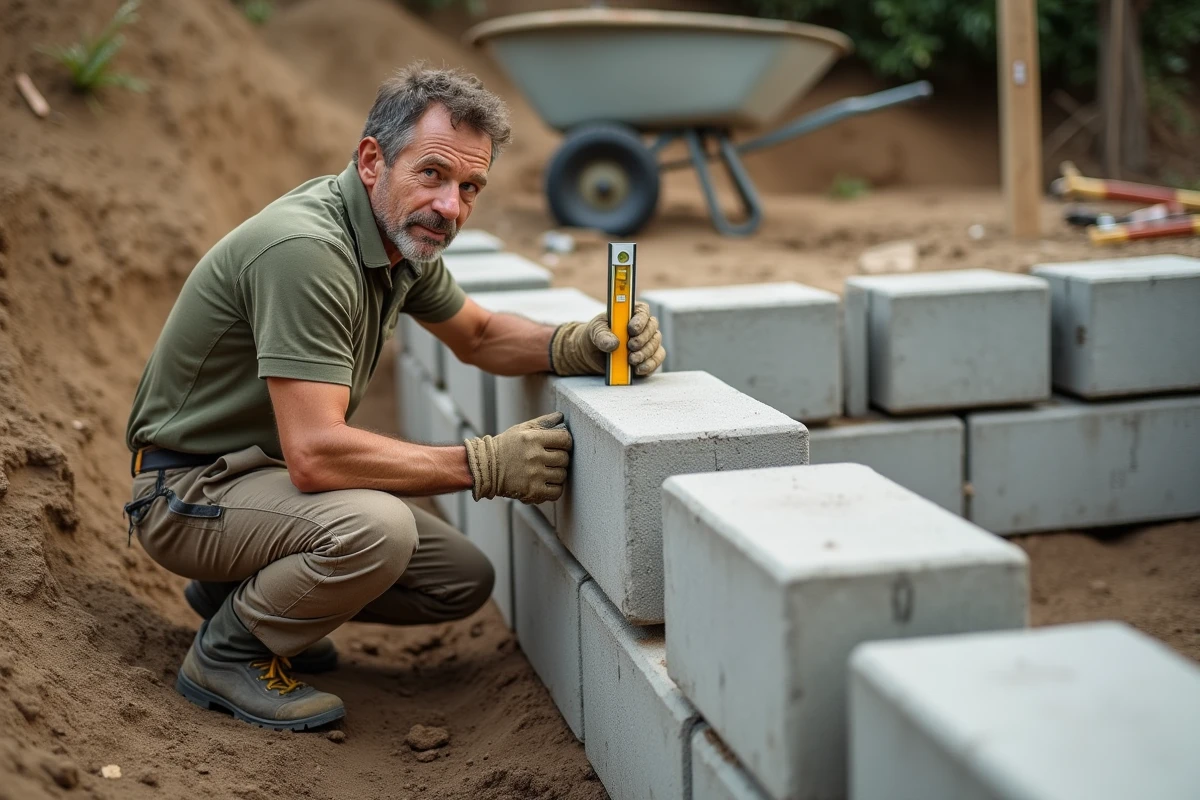 Artisan paysagiste inspectant un mur de soutènement en blocs de béton sur chantier de terrain en pente