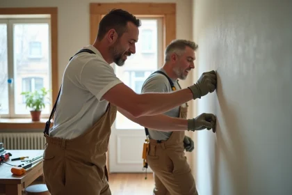 Artisan appliquant du ruban sur un mur intérieur neuf