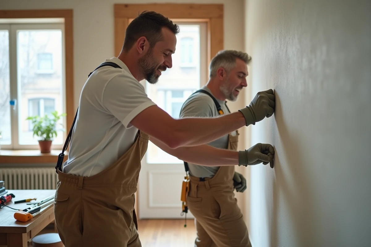 Artisan appliquant du ruban sur un mur intérieur neuf