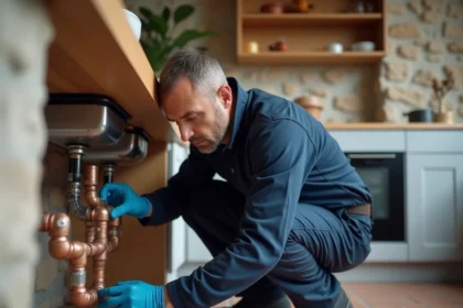 Artisan plombier en uniforme bleu travaillant sur l'installation d'un évier dans un appartement rénové à Strasbourg