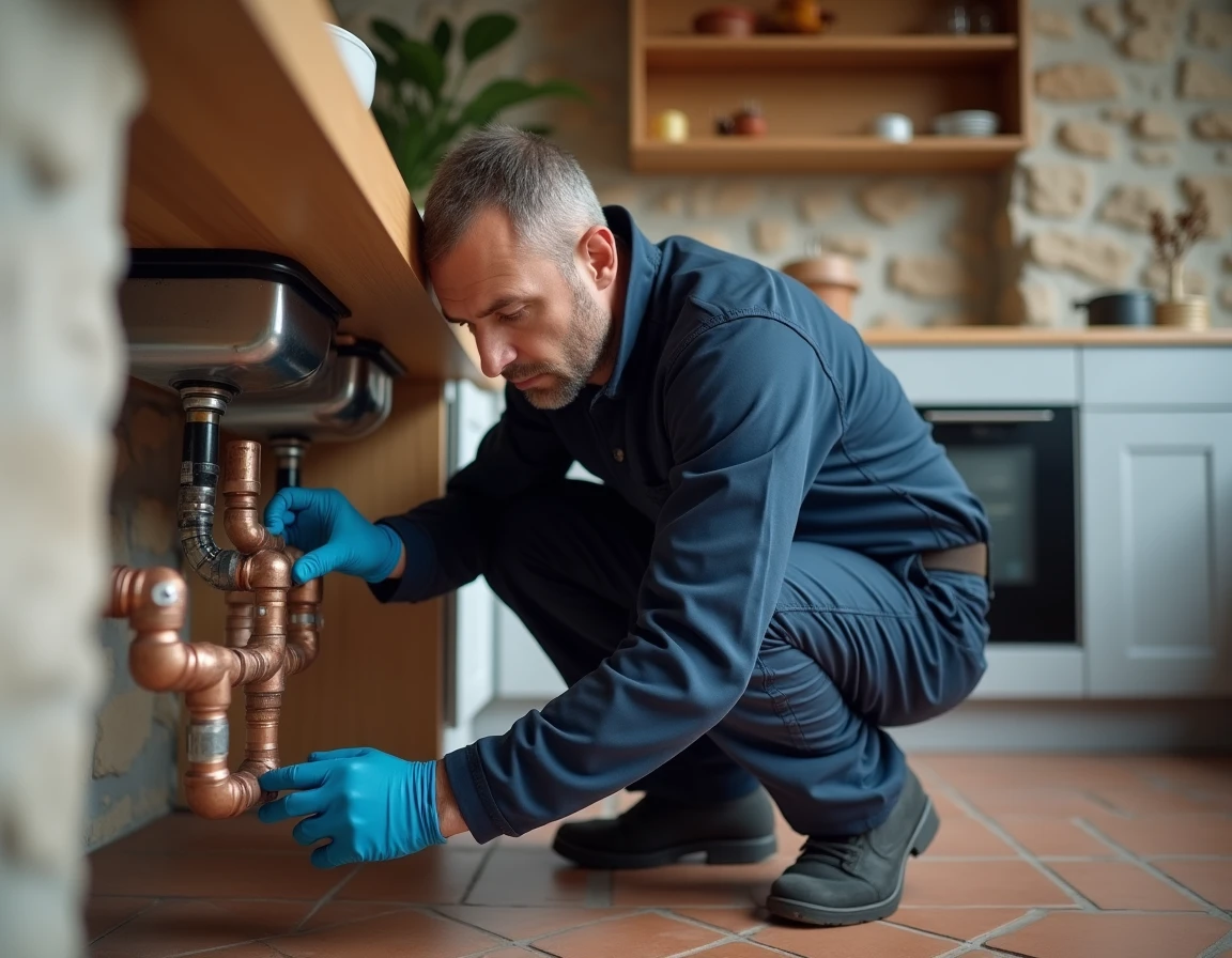 Artisan plombier en uniforme bleu travaillant sur l'installation d'un évier dans un appartement rénové à Strasbourg
