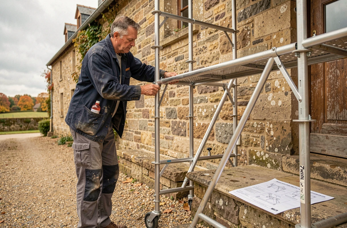 Homme assemblant seul un échafaudage en aluminium acheté ou loué chez Leroy Merlin devant une maison en pierre à la campagne