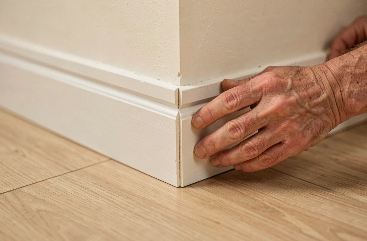 Mains assemblant deux plinthes en angle rentrant impeccable contre un mur en plâtre fraîchement peint