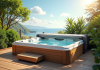Bain extérieur moderne sur terrasse en bois avec couverture et plantes