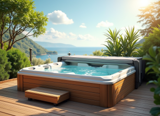 Bain extérieur moderne sur terrasse en bois avec couverture et plantes