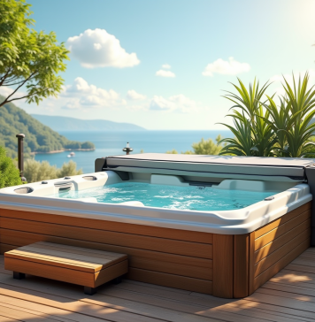 Bain extérieur moderne sur terrasse en bois avec couverture et plantes