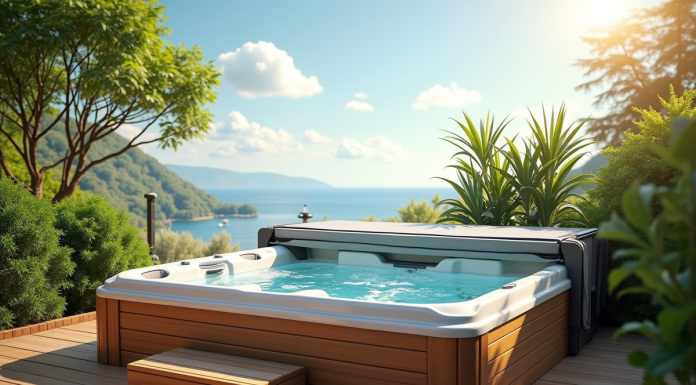 Bain extérieur moderne sur terrasse en bois avec couverture et plantes
