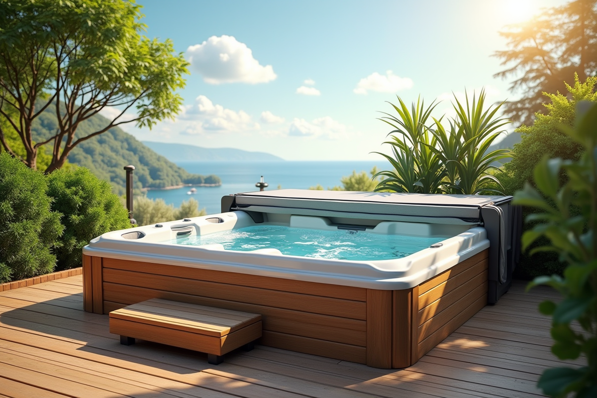 Bain extérieur moderne sur terrasse en bois avec couverture et plantes
