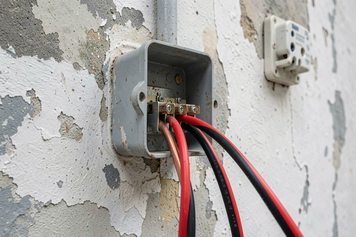 Boîte de dérivation électrique avec câble 2,5 mm² pour radiateur sur mur ancien en plâtre d'appartement