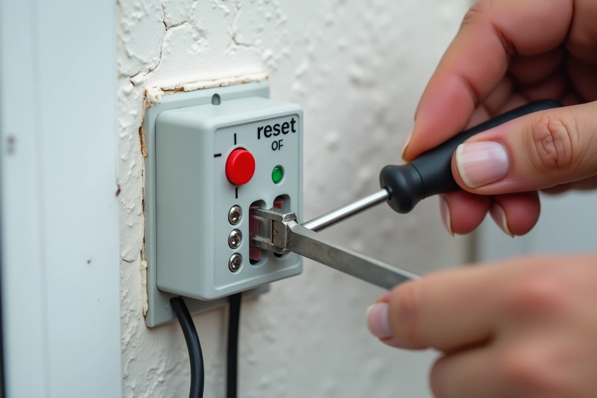 Gros plan sur le boîtier de commande moteur d'un volet roulant solaire avec bouton de réinitialisation et témoin LED après coupure de courant