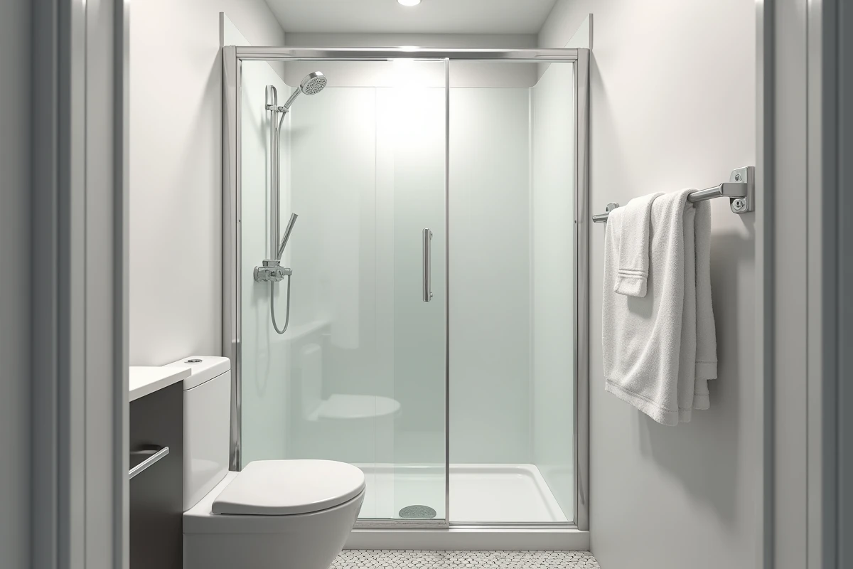 Petite salle de bain avec cabine de douche préfabriquée en angle illustrant les contraintes d'espace et les dimensions minimales réglementaires