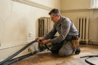 Électricien posant un câble électrique pour radiateur dans un appartement ancien aux murs en plâtre et parquet chevron