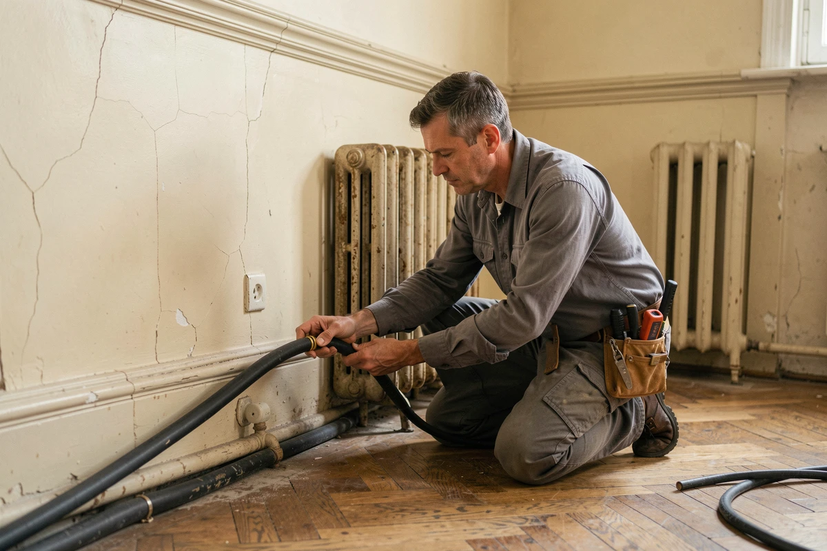 Électricien posant un câble électrique pour radiateur dans un appartement ancien aux murs en plâtre et parquet chevron