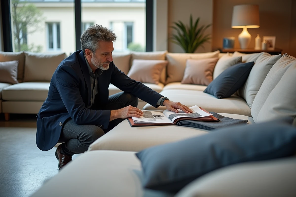 Designer examinant des échantillons de tissu sur un canapé modulable sur mesure dans un showroom de meubles parisien
