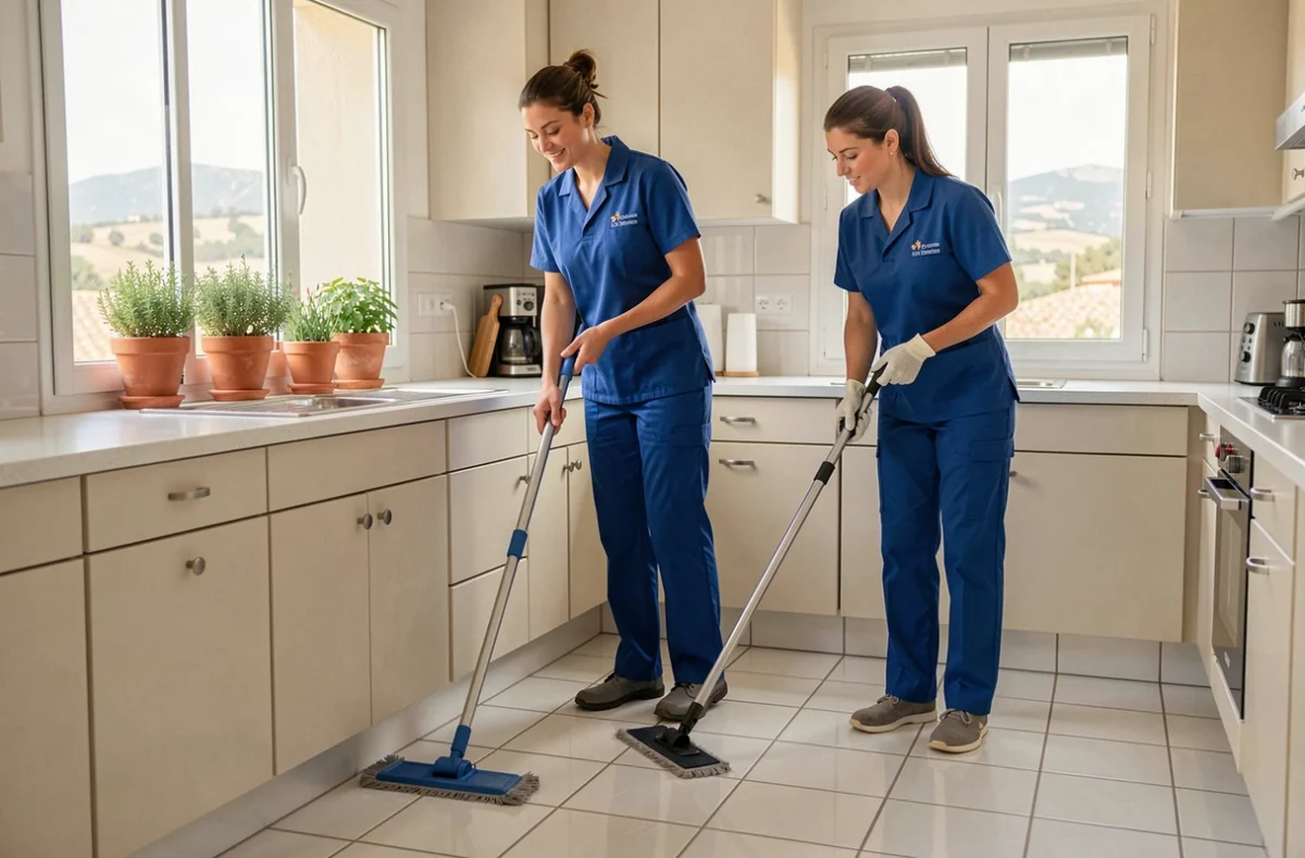 Équipe de nettoyage professionnelle en uniformes bleus effectuant le ménage d'une cuisine résidentielle à Ollioules pour Centre Services Ollioules