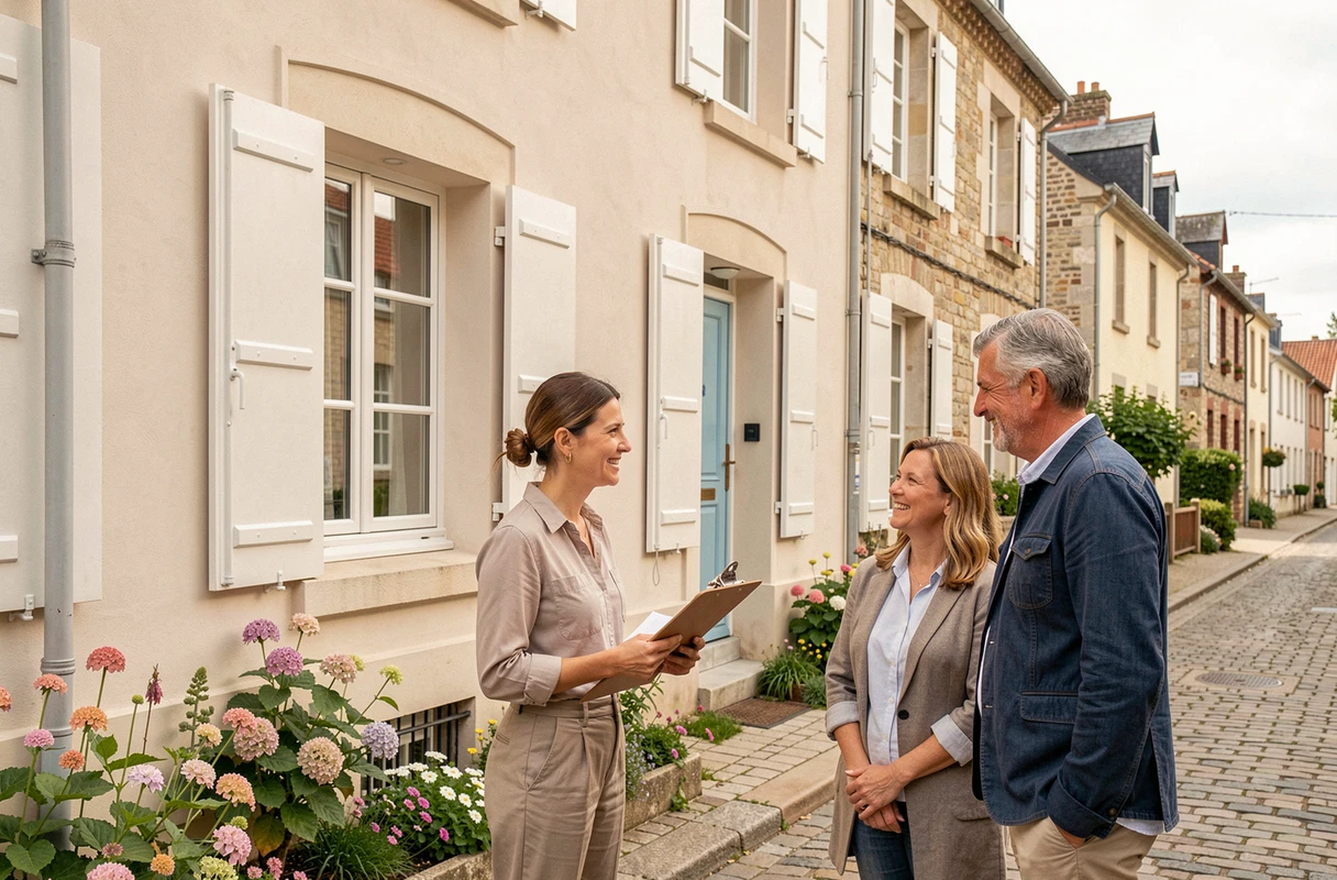 Professionnelle de CH Interior Design présentant la façade rénovée d'une maison bretonne à des propriétaires satisfaits à Rennes