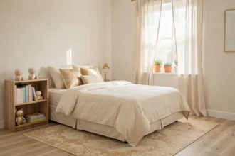 Chambre d'enfant feng shui orientée Ouest avec décoration en blanc ivoire et accents dorés pour une atmosphère apaisante