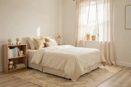 Chambre d'enfant feng shui orientée Ouest avec décoration en blanc ivoire et accents dorés pour une atmosphère apaisante