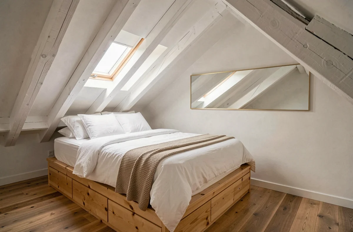 Chambre mansardée sous combles agrandie visuellement par home staging avec lit plateforme en pin, grand miroir horizontal et poutres peintes en blanc