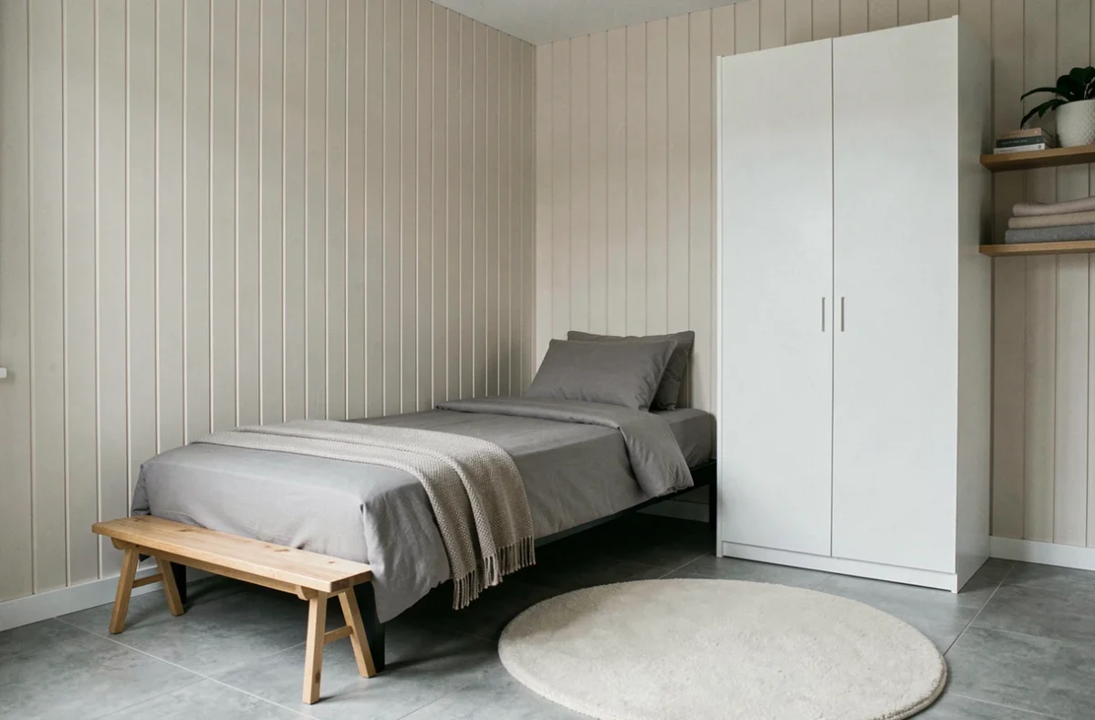 Chambre compacte style scandinave avec mobilier vertical blanc et tapis en laine crème pour optimiser visuellement l'espace en home staging