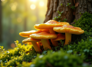 Gros plan sur des chanterelles dorées dans un jardin verdoyant