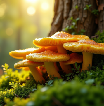 Gros plan sur des chanterelles dorées dans un jardin verdoyant