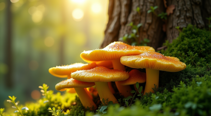 Gros plan sur des chanterelles dorées dans un jardin verdoyant