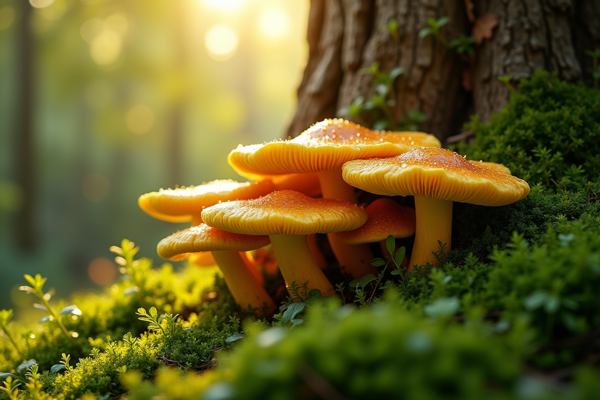 Gros plan sur des chanterelles dorées dans un jardin verdoyant