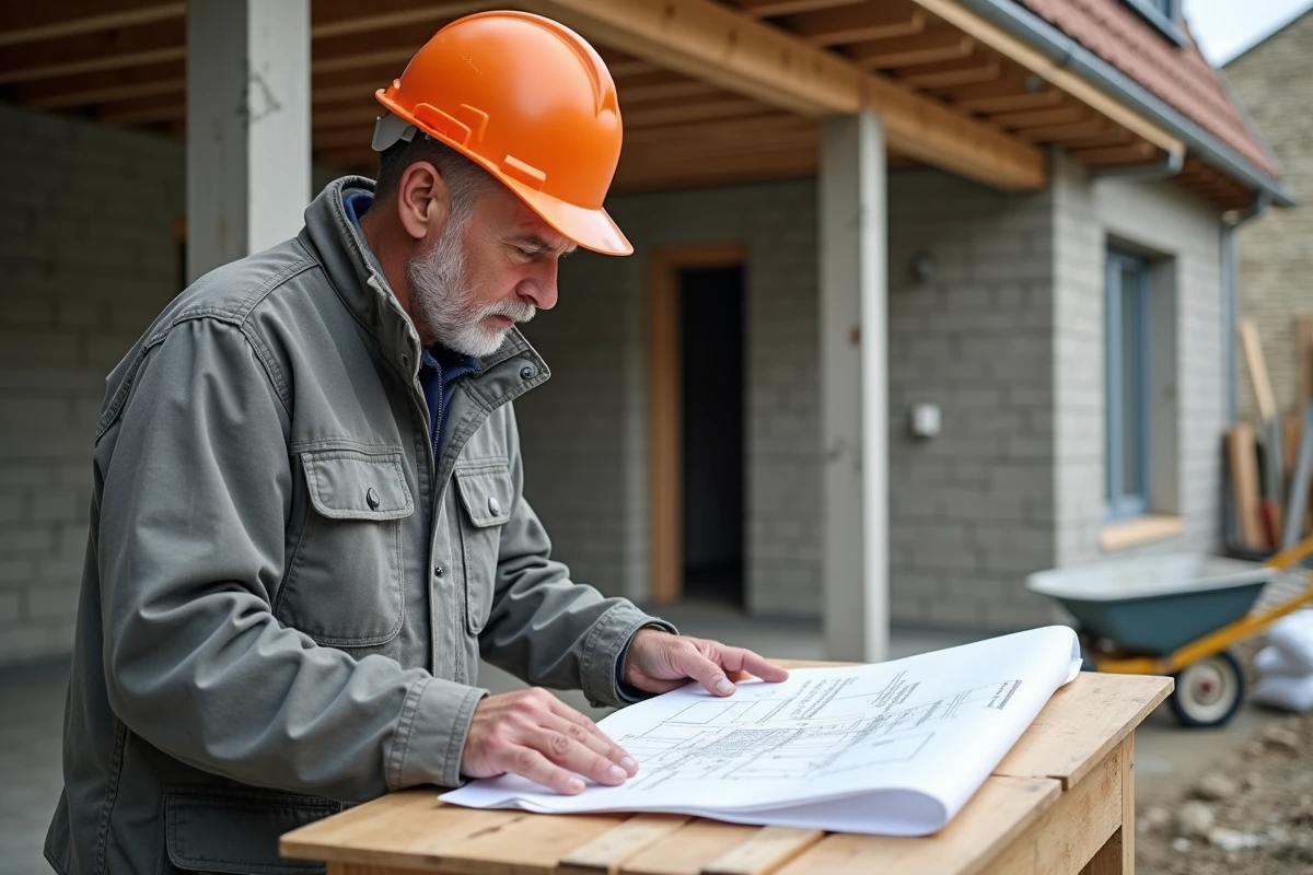 Chantier d'extension traditionnelle en maçonnerie avec ouvrier consultant des plans architecturaux