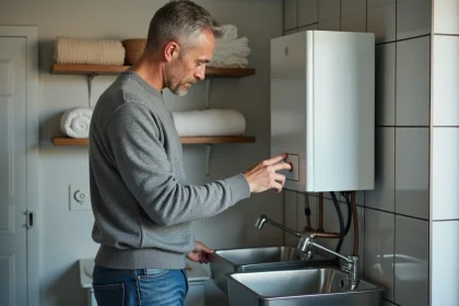 Homme ajustant un chauffe-eau gaz dans buanderie pratique