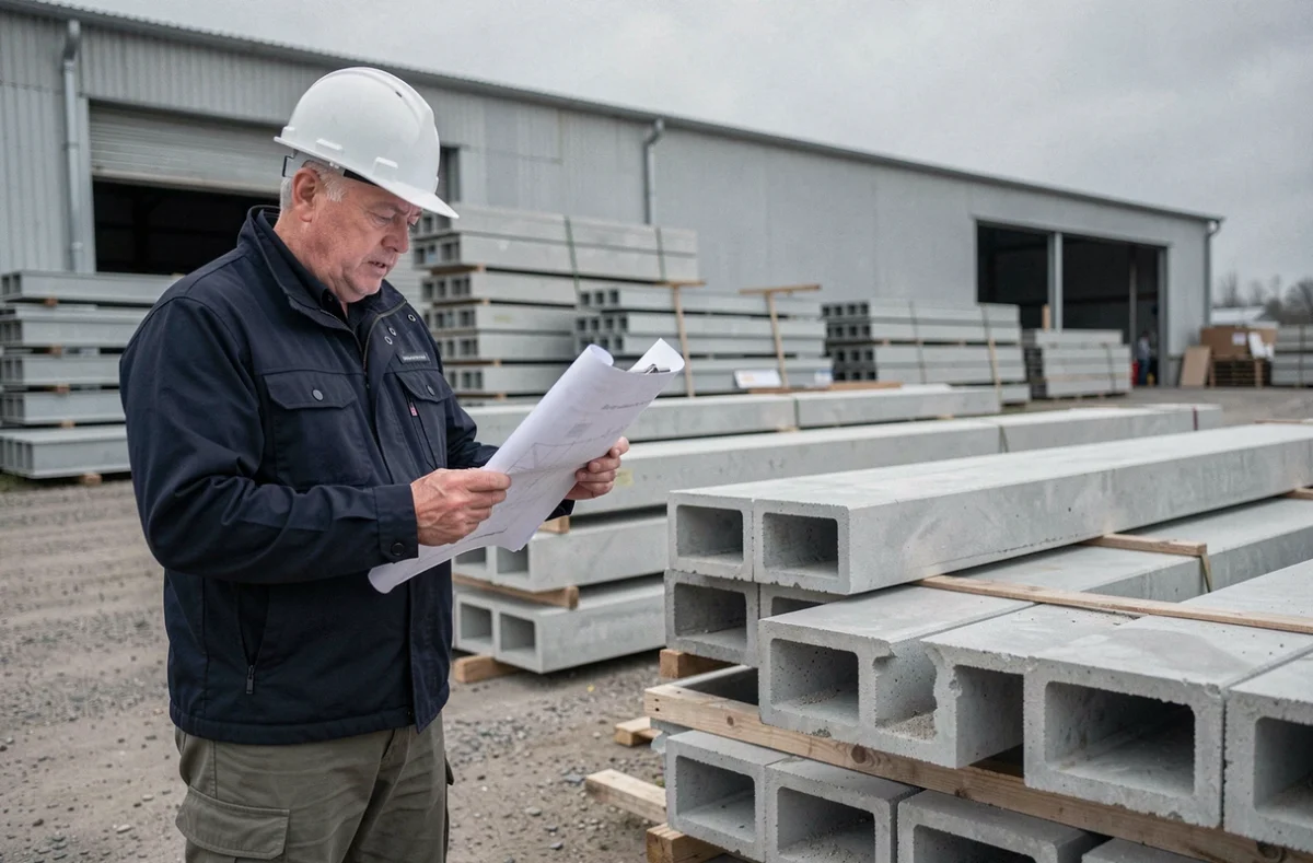 Chef de chantier consultant des plans devant des poutrelles préfabriquées stockées en dépôt