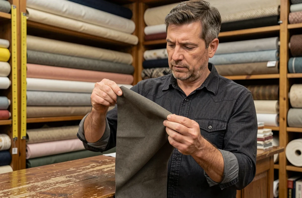 Client inspectant l'épaisseur d'un tissu coton enduit en boutique de tissus