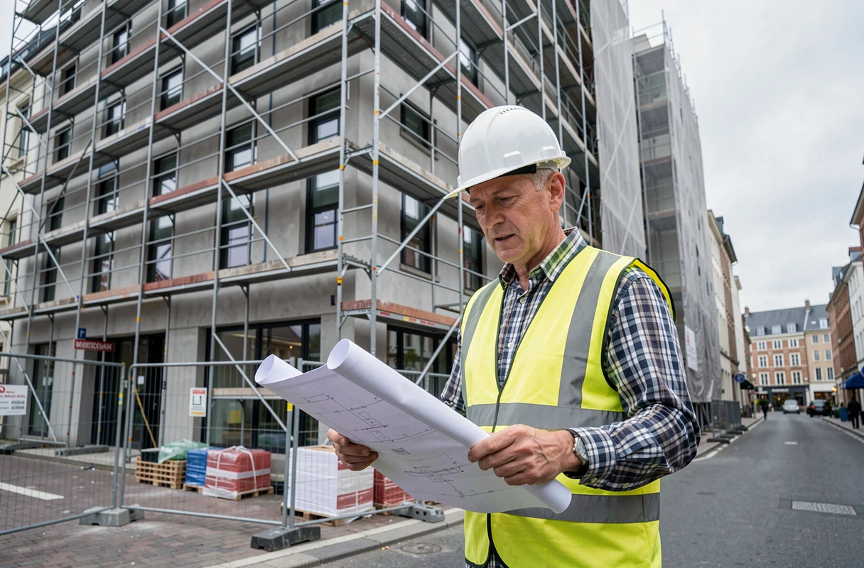 Chef de chantier de Codesa supervisant la rénovation de façade d'un bâtiment commercial à Rennes