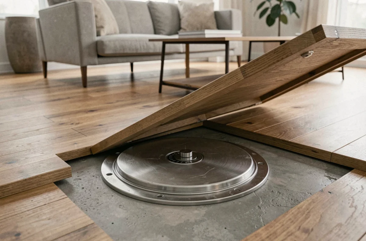 Coffre fort scellé encastré sous un parquet amovible dans un salon moderne