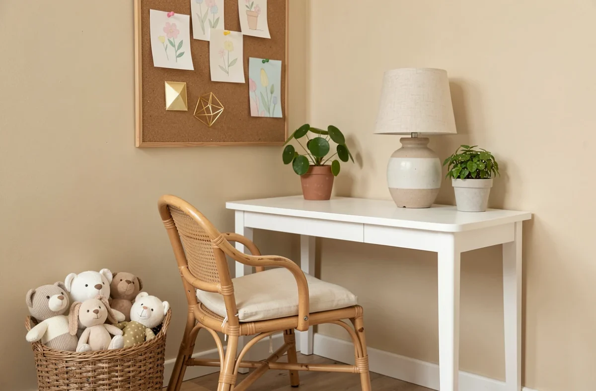 Coin bureau feng shui pour chambre d'enfant orientée Ouest avec palette champagne, rotin et accessoires dorés apaisants