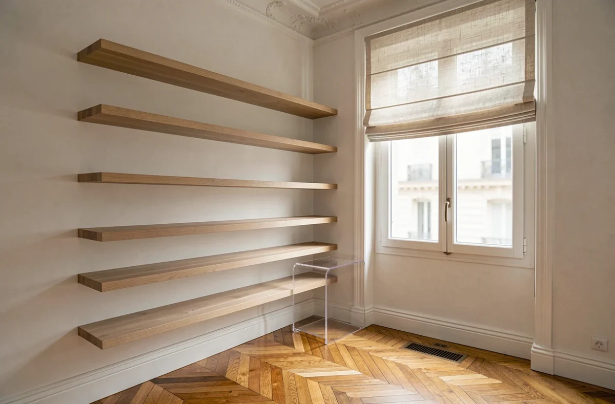 Coin de chambre haussmannienne réaménagé en home staging avec étagères flottantes en frêne et table de nuit en acrylique transparent pour libérer visuellement l'espace