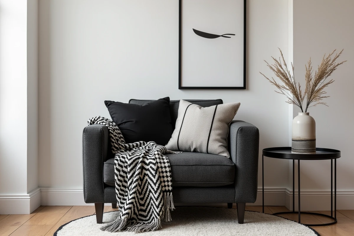 Détail d'un coin salon cocooning avec fauteuil bouclé gris anthracite, plaid houndstooth noir et blanc et tapis en coton